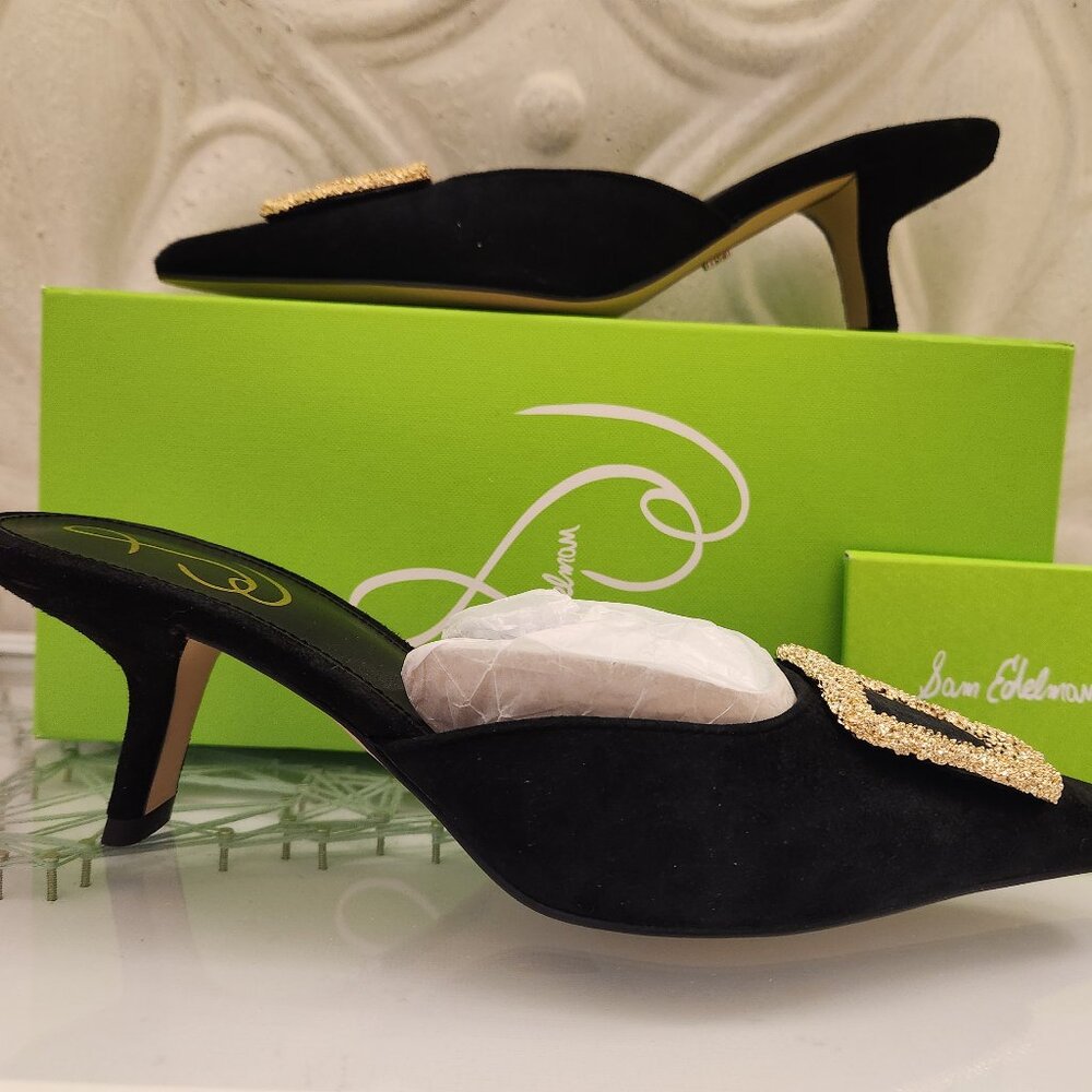 Sam Edelman Black kitten heel Mules with Gold Accent